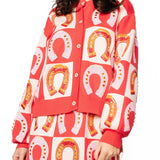 Hot Pink Checkered Horse Shoe Button Up Sweater | Queen Of Sparkles