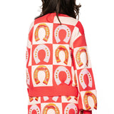 Hot Pink Checkered Horse Shoe Button Up Sweater | Queen Of Sparkles