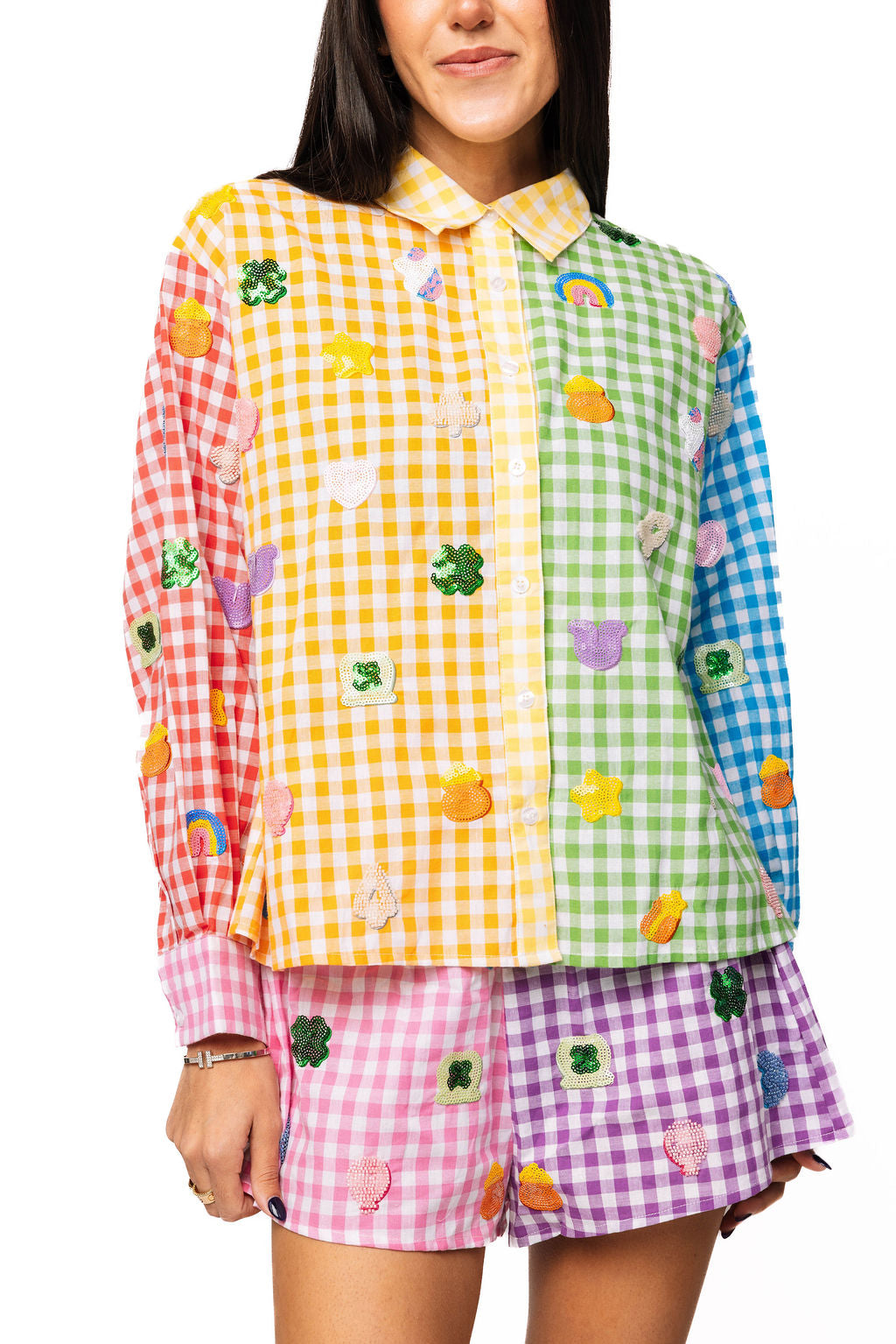 Colorblock 218 Rainbow Gingham Colorblock Lucky Charms Button Up Cotton Top | Queen Of ...