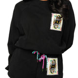 Black QOS Queen Card Rhinestone Tie Sweatshirt | Queen Of Sparkles