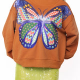 Brown Patchwork Butterfly Mock Neck Sweatshirt | Queen Of Sparkles