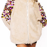 Ivory Zip Up Fleece with Multi Sequin Sleeves | Queen Of Sparkles
