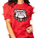 Licensed UGA Mascot Scattered Jewel Feather Short Sleeve Sweater | Queen Of Sparkles