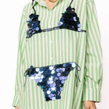 Green Stripe Navy Paillette Bikini Tunic | Queen Of Sparkles