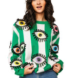 Green & White Striped Multi Eye Sweater | Queen Of Sparkles