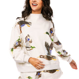 Ivory Flying Ducks Mock Neck Sweatshirt | Queen Of Sparkles