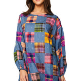 Denim and Multi Plaid Checkered Bubble Sleeve Dress | Queen Of Sparkles