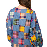 Denim and Multi Plaid Checkered Bubble Sleeve Dress | Queen Of Sparkles