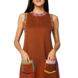 Brown Rainbow Rhinestone Trim Pocket Knit Tank Dress | Queen Of Sparkles