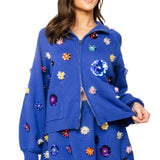 Royal Blue Sequin Flower Zip Up Sweater | Queen Of Sparkles