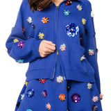 Royal Blue Sequin Flower Zip Up Sweater | Queen Of Sparkles