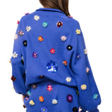 Royal Blue Sequin Flower Zip Up Sweater | Queen Of Sparkles