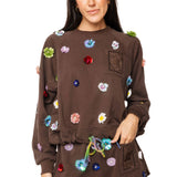 Brown Multi Sequin Flower QOS Card Logo Pocket Rhinestone Tie Sweatshirt | Queen Of Sparkles