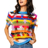 Multi Stripe Feather Short Sleeve Sweater | Queen Of Sparkles