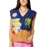 Navy Multi Books & Globe V Neck Knit Tank | Queen Of Sparkles