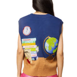 Navy Multi Books & Globe V Neck Knit Tank | Queen Of Sparkles