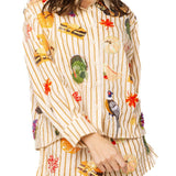 Beige Striped Thanksgiving Icon Button Up Cotton Top | Queen Of Sparkles
