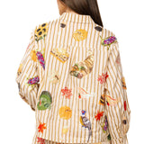 Beige Striped Thanksgiving Icon Button Up Cotton Top | Queen Of Sparkles