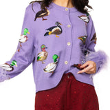 Purple Multi Ducks Feather Sleeve Button Up Cardigan | Queen Of Sparkles
