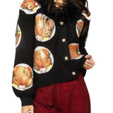Navy Turkey On Plates Feather Neck Button Up Cardigan | Queen Of Sparkles
