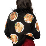 Navy Turkey On Plates Feather Neck Button Up Cardigan | Queen Of Sparkles