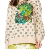 Beige & Green Flower Print Feather Turkey Sweater | Queen Of Sparkles