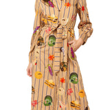 Light Brown Striped Thanksgiving Icon Cotton Midi Tie Dress | Queen Of Sparkles