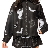 Black Denim Ghost 'Boo' Button Up Cotton Long Sleeve Top | Queen Of Sparkles