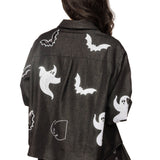 Black Denim Ghost 'Boo' Button Up Cotton Long Sleeve Top | Queen Of Sparkles