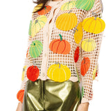 Beige Multi Pumpkin Crochet Button Up Long Sleeve Top | Queen Of Sparkles