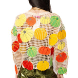 Beige Multi Pumpkin Crochet Button Up Long Sleeve Top | Queen Of Sparkles