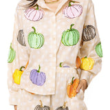 Beige & White Polka Dot Multi Pumpkin Cotton Button Up Top | Queen Of Sparkles