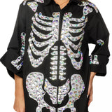 Black Iridescent Jeweled Skeleton Button Up Tunic | Queen Of Sparkles
