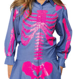 Denim & Pink Sequin Skeleton Button Up Dress | Queen Of Sparkles