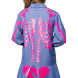 Denim & Pink Sequin Skeleton Button Up Dress | Queen Of Sparkles