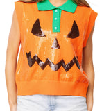 Orange Full Sequin Pumpkin Face Collar Button Up Vest | Queen Of Sparkles
