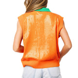 Orange Full Sequin Pumpkin Face Collar Button Up Vest | Queen Of Sparkles