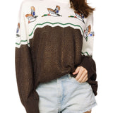 Brown & Ivory Colorblock Duck Rhinestone Sweater | Queen Of Sparkles
