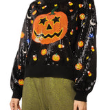 Black Full Sequin Pumpkin & Mini Icon Sweater | Queen Of Sparkles