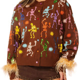 Brown Multi Skeleton Feather Sleeve Button Up Cardigan | Queen Of Sparkles