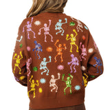 Brown Multi Skeleton Feather Sleeve Button Up Cardigan | Queen Of Sparkles