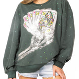 Charcoal Skeleton Holding Queen Cards Rhinestone Sweatshirt | Queen Of Sparkles