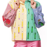 Colorblock Stripe Teacher Icon Button Up Cotton Top | Queen Of Sparkles