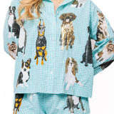 Aqua Gingham Queen of Dogs Button Up Long Sleeve Top | Queen Of Sparkles