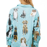 Aqua Gingham Queen of Dogs Button Up Long Sleeve Top | Queen Of Sparkles