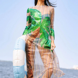 Rainbow Stripe Long Sleeve Palm Tree Sheer Coverup | Queen Of Sparkles