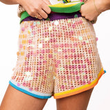 Ivory Rainbow Trim Pailette Corchet Short | Queen Of Sparkles