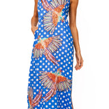 Blue & White Polka Dot Bird Cotton Midi Dress | Queen Of Sparkles