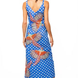 Blue & White Polka Dot Bird Cotton Midi Dress | Queen Of Sparkles
