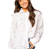 White Rhinestone Cotton Button Up Collared Top | Queen Of Sparkles
